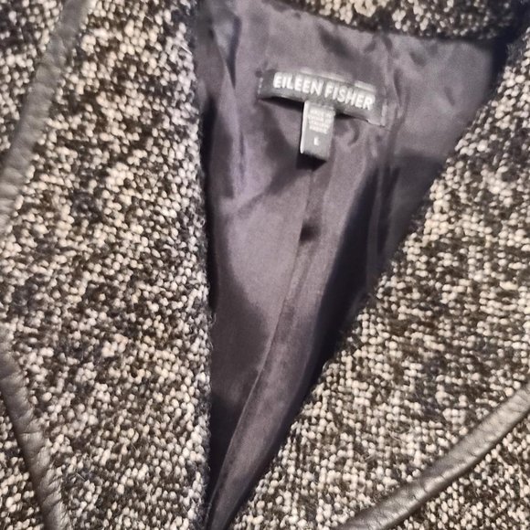 ⚜️ EILEEN FISHER ⚜️ sz L black tweed & leather lighter coat jacket transitional - Picture 11 of 11